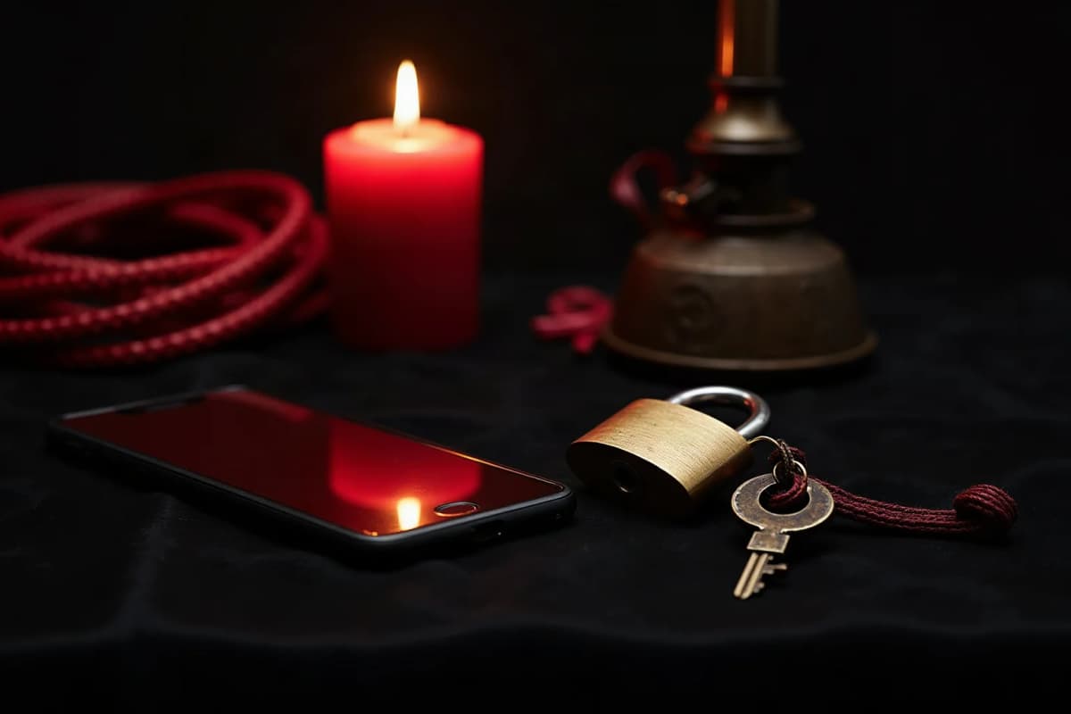 Phone, brass padlock and key beside red rope and a lit candle