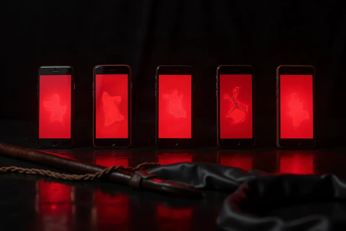 Five phones with crimson screens beside a coiled whip and black cloth on a dark table